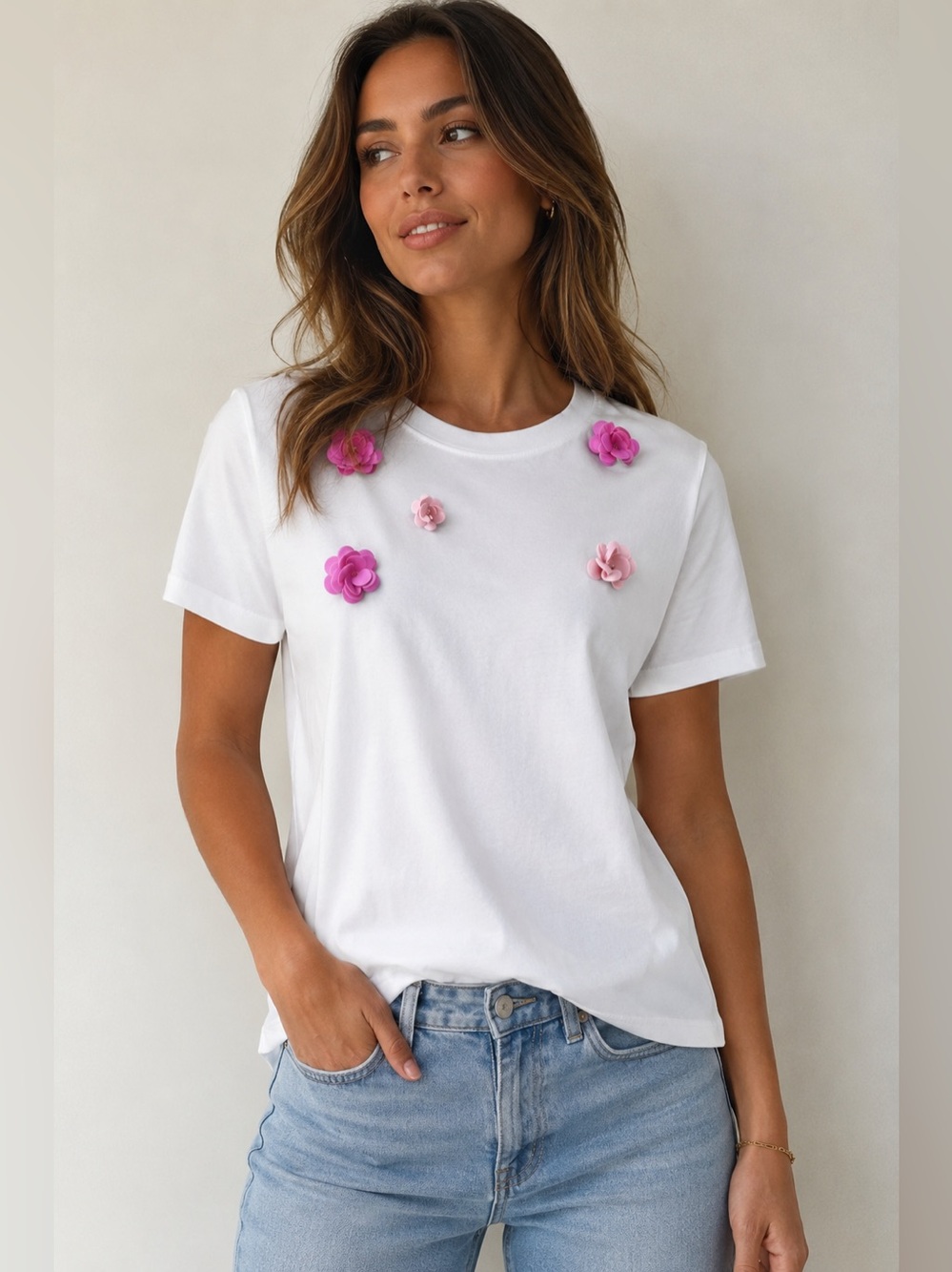 Zara White 3D Floral Appliqué T-Shirt NWT Pink Pailette Flowers XL Short Sleeve